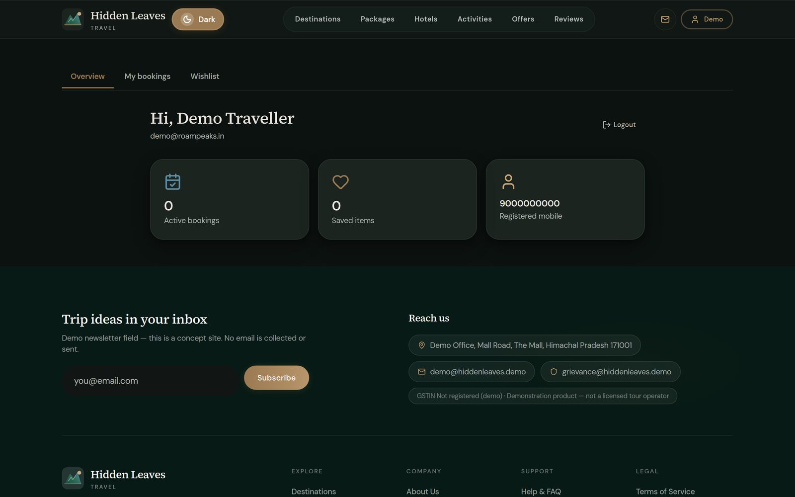 Guest dashboard in the Hidden Leaves demo, signed in with the printed demo account: Overview, My bookings, and Wishlist tabs over three account cards.