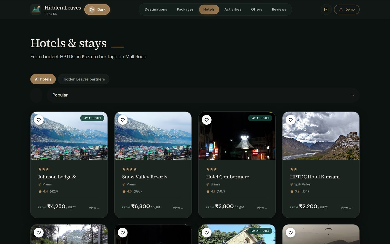 Stays listing with filters, ratings, and nightly prices; the rates on screen are computed on the server before anything is displayed.