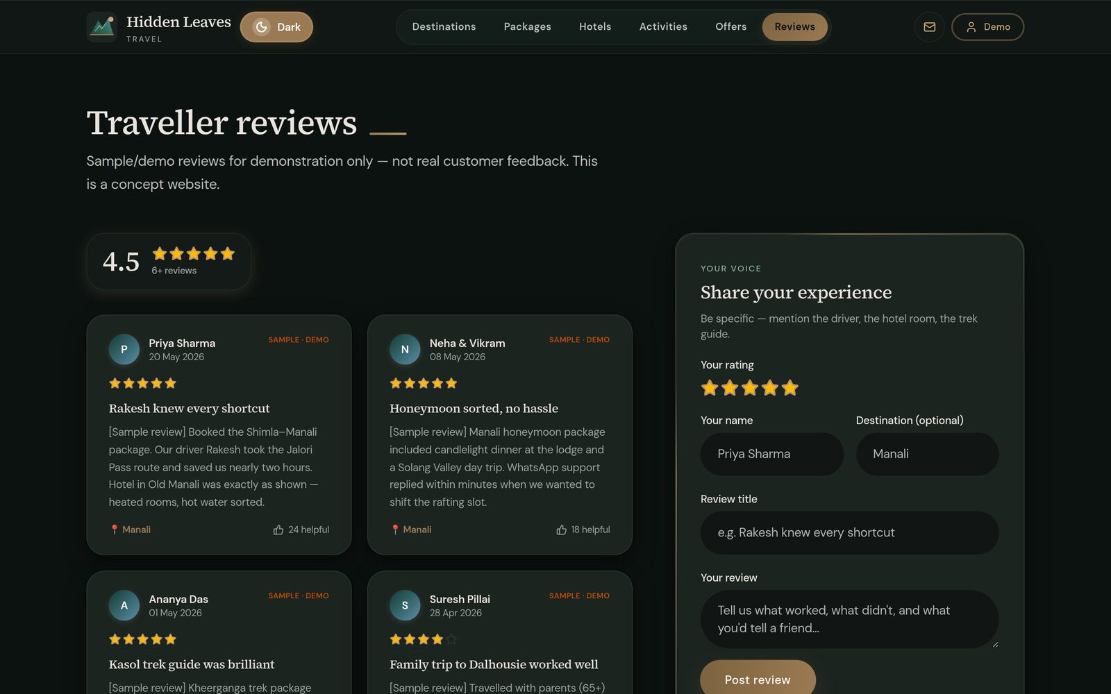 The public review form beside the review list; submitted entries wait for moderation, and the entries shown are labelled as samples.
